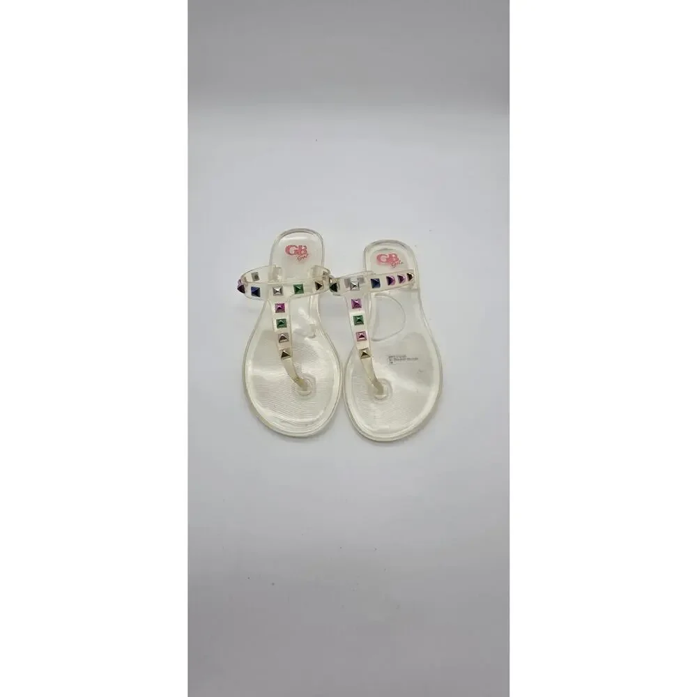 GB Girls Clear Jelly Sandals Size 1M Multicolor Studded T-Strap Flip Flops